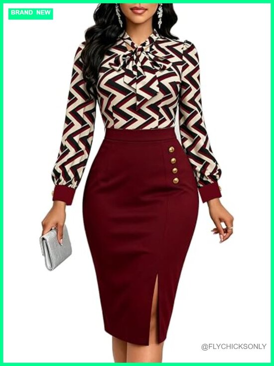 Dresses & Skirts - Women Formal Long Sleeve Midi Pencil Dress for Work Office Party